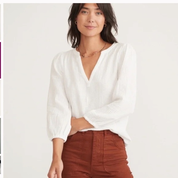 Marine Layer Jamie Banded Collar Double Cloth Top in White Size L cotton gauze - Picture 3 of 6